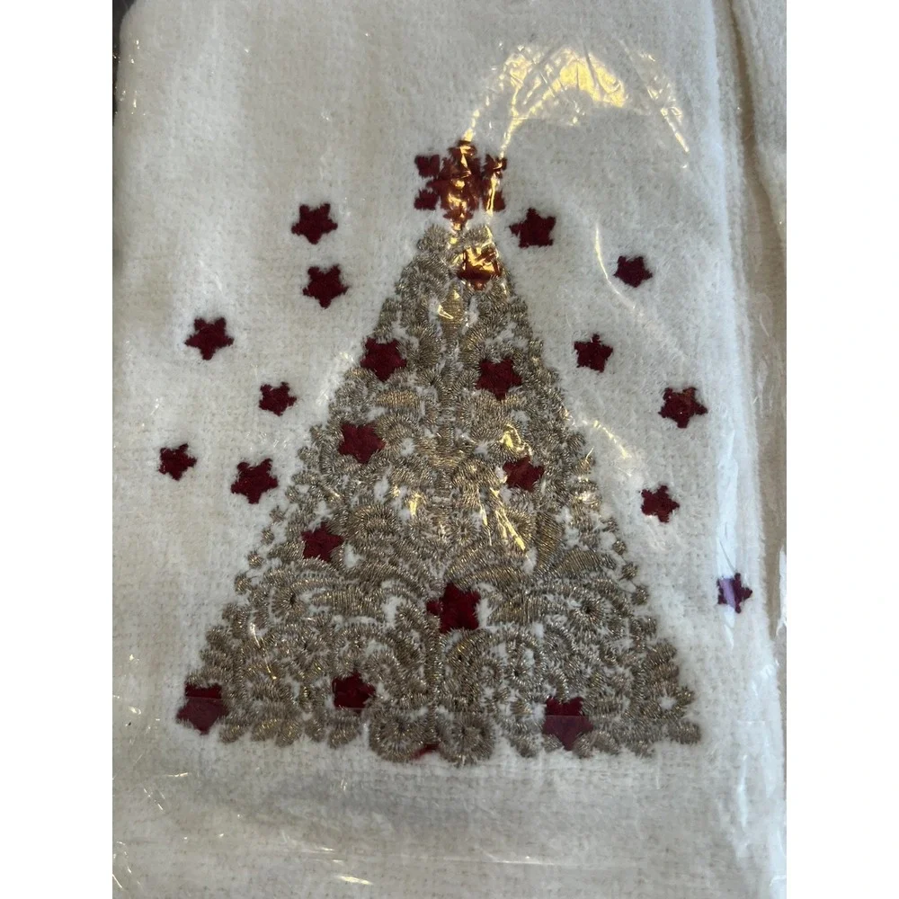 Christmas Holiday Embroidered‎ Towel Set 100% Cotton 3 Piece Tree Stars Gold Red